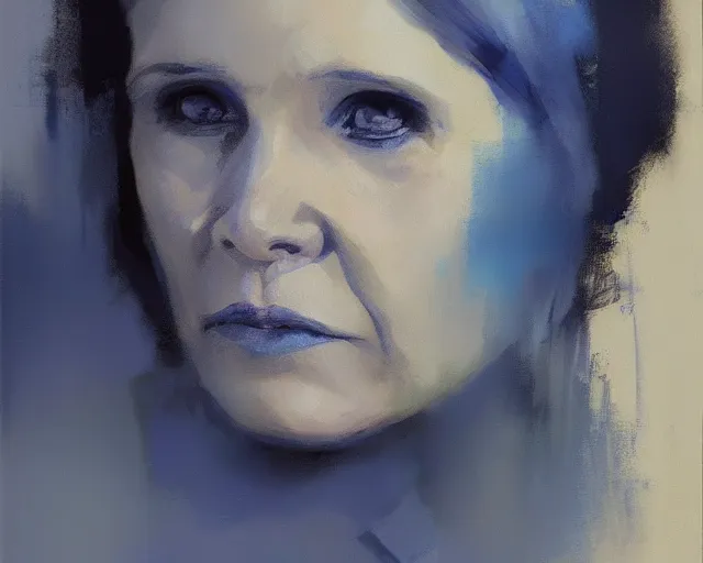 Image similar to portrait of leia young carrie fisher in shades of grey but with blue by jeremy mann