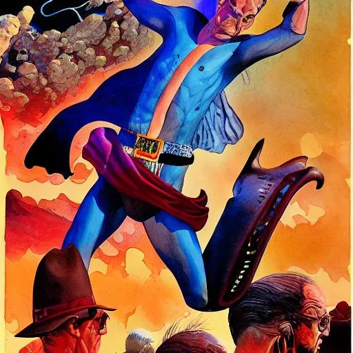 Image similar to jean giraud and moebius and don lawrence and alex ross and john romita jr, gouache and wash paints, detailed details / desperate life of john doe