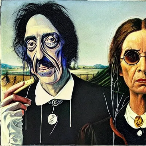 Image similar to alice cooper and salvador dali in in the style of american gothic