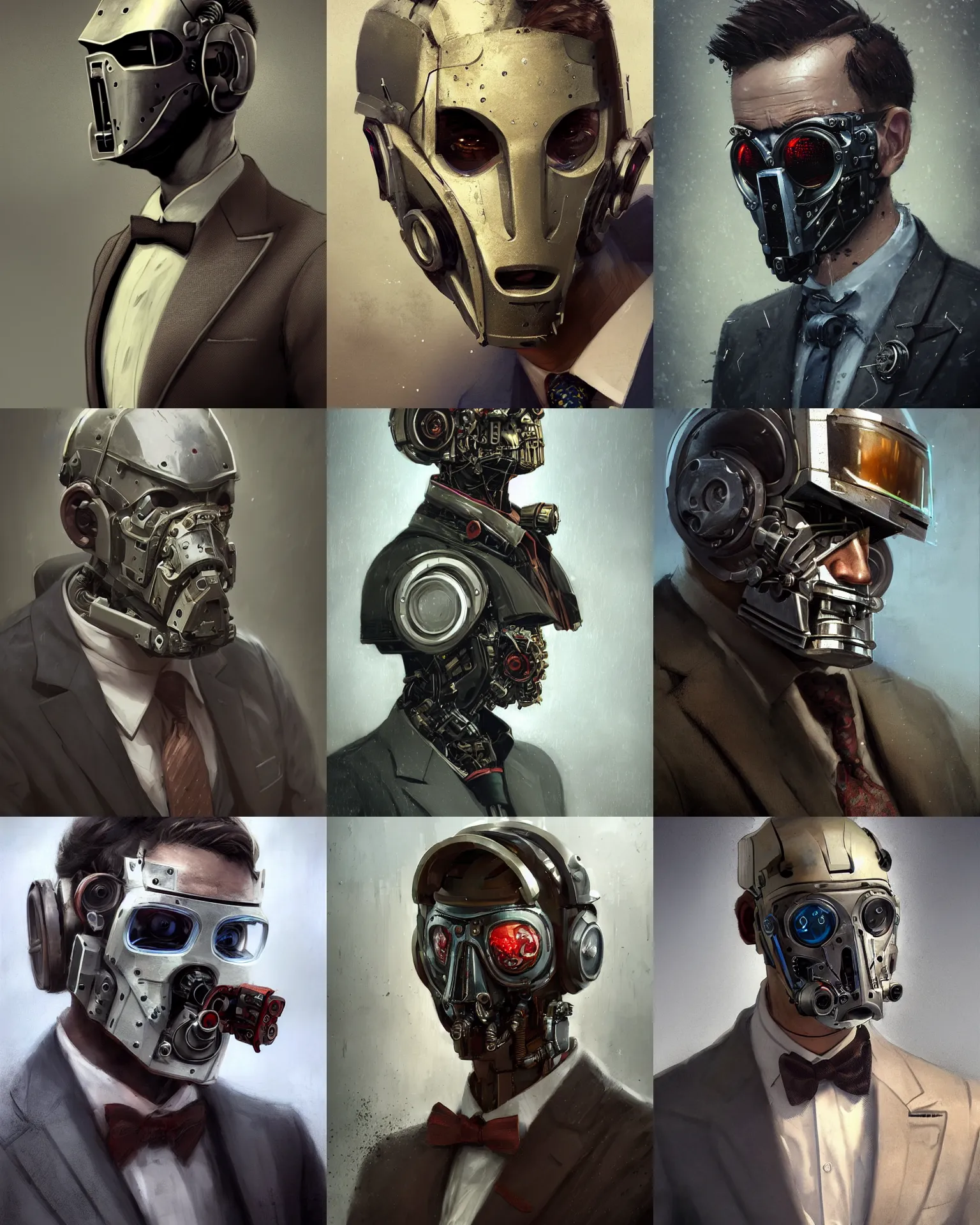 Prompt: a masked rugged young engineer man with cybernetic enhancements wearing a suit and bowtie, detailed mask, scifi character portrait by greg rutkowski, esuthio, craig mullins, 1 / 4 headshot, cinematic lighting, dystopian scifi gear, gloomy, profile picture, mechanical, half robot, implants, steampunk