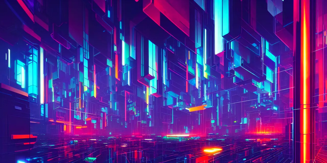 Image similar to a cyberpunk colorful cubes interconnected with glowing tubes, giant tubes connecting separate blocks, blockchain, symmetry, intricate, volumetric lighting, beautiful, rich deep colors masterpiece, sharp focus, ultra detailed, in the style of john harris