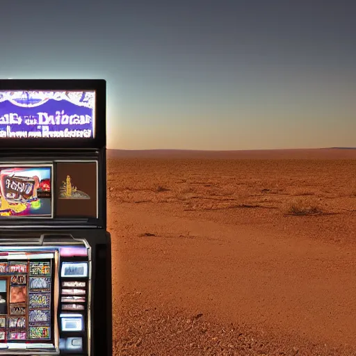 Prompt: a distant slot machine in the middle of a desert, wide shot, establishing wide shot, dark lighting, long exposure photography, slow shutter,