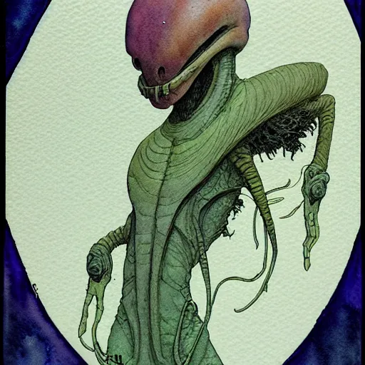 Image similar to a simple and atmospheric watercolour portrait of a pulp sci - fi alien repdiloid, very muted colors, by rebecca guay, michael kaluta, charles vess and jean moebius giraud