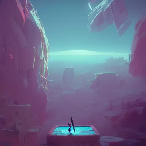 Image similar to highly detailed surreal vfx, 3 d matte render, abstract floating geometric shapes, stephen bliss, unreal engine, greg rutkowski, loish, rhads, beeple, makoto shinkai and lois van baarle, ilya kuvshinov, rossdraws, tom bagshaw, global illumination, detailed and intricate environment