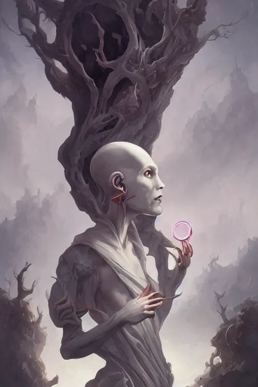 Prompt: a humanoid creature of pure imagination with pale white skin and a gaunt face. the creature is bald. it is wearing a black flowing cloak that looks like mist. art by peter mohrbacher.