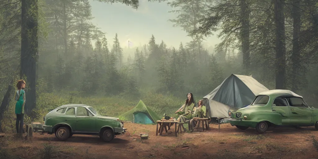 Image similar to two women camping next to green car, elegant scene, low angle, wide angle, indian forest, wide angle, cinematic, ultrarealistic, trending on artstation, cgsociety, highly detailed, color graded, rendered in unreal engine 4 k hq, matte painting, by simon stalenhag and hudson river school, horizon forbidden west