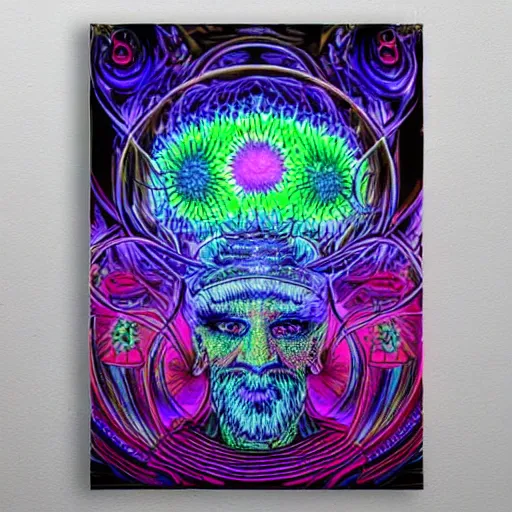 Image similar to Terence McKenna reincarnated as a magic mushroom. in style of Alex Grey, highly detailed, blacklight poster