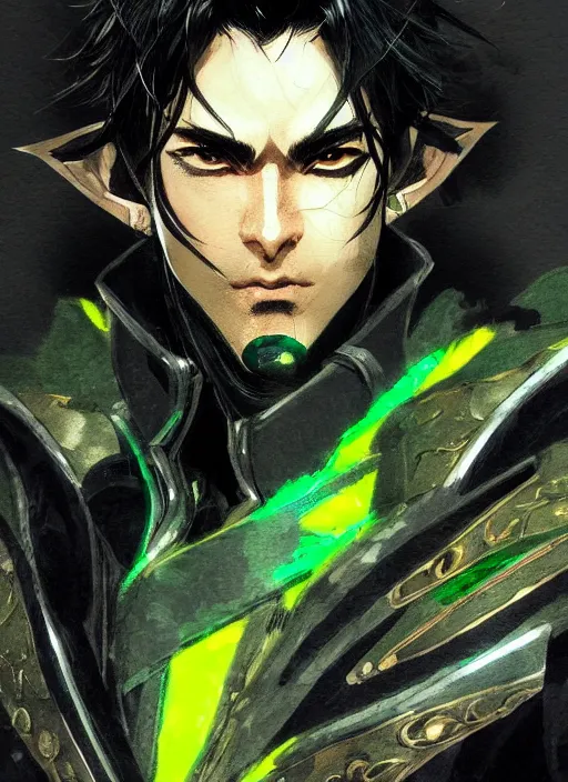 Image similar to Half body portrait of a handsome black haired elven warlord in black, green and gold jacket. In style of Yoji Shinkawa and Hyung-tae Kim, trending on ArtStation, dark fantasy, great composition, concept art, highly detailed.