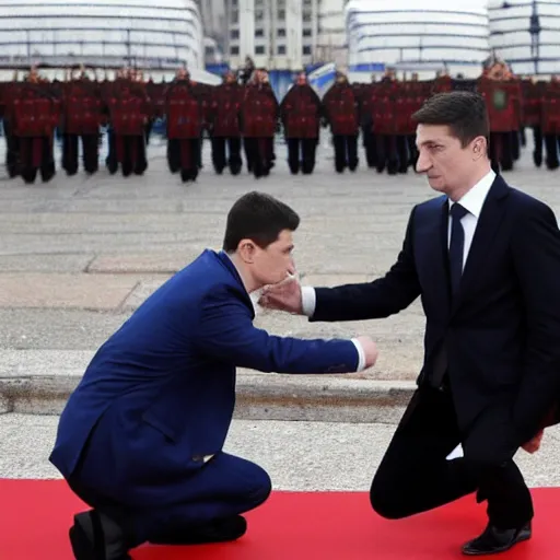 Image similar to Vladimir Putin on his knees, kissing Zelensky shoes