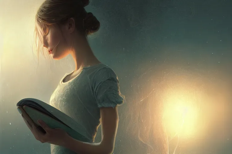 Image similar to breathe into euphoria, a girl reading a book, altered carbon, dreamy ethereal vibe, atmospheric, detailed intricate render, fibbonacci, detailed illustration, hd, 4 k, digital art, overdetailed art, surrealistic, by greg rutkowski, by loish, laura sava, slavic traditional trending on artstation, deviantart