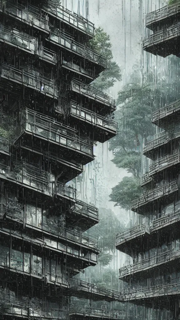 Prompt: wet plate photo in style of hokusai and piranesi. biopunk timber futuristic building in a urban setting. hyper realistic. cloudy morning. mossy buildings have deep tall balconies with plants, trees, and many figures in bright clothing. thin random columns, large windows, deep overhangs. greeble. 8 k, volumetric lighting.