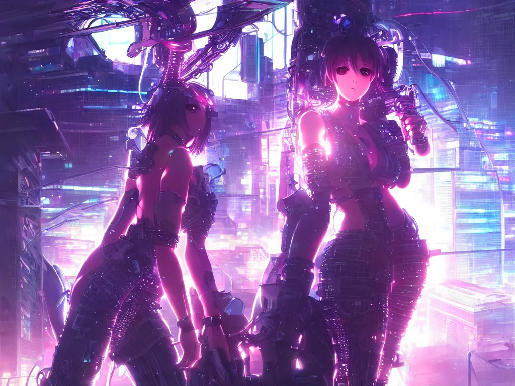 Image similar to anime visual of portrait futuristic cyber warrior girl, in future cyberpunk tokyo rooftop, ssci - fi, fantasy, intricate, very very beautiful, elegant, neon light, highly detailed, digital painting, artstation, concept art, smooth, sharp focus, illustration, art by artgerm and alphonse mucha and wlop and tian zi