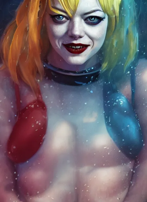 Prompt: underwater portrait of emma stone as harley quinn, hyper detailed, digital art, trending in artstation, cinematic lighting, studio quality, smooth render, unreal engine 5 rendered, octane rendered, art style by klimt and nixeu and ian sprigger and wlop and krenz cushart.