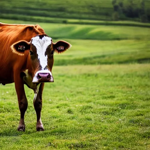 Prompt: photo of a cow in a field golden jour