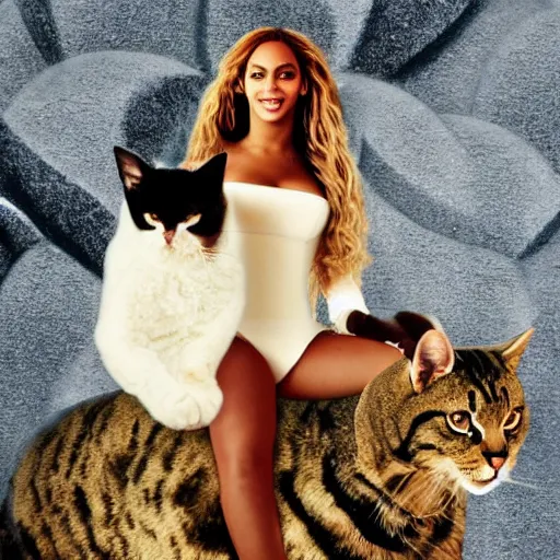 Image similar to beyonce riding on a giant cat,