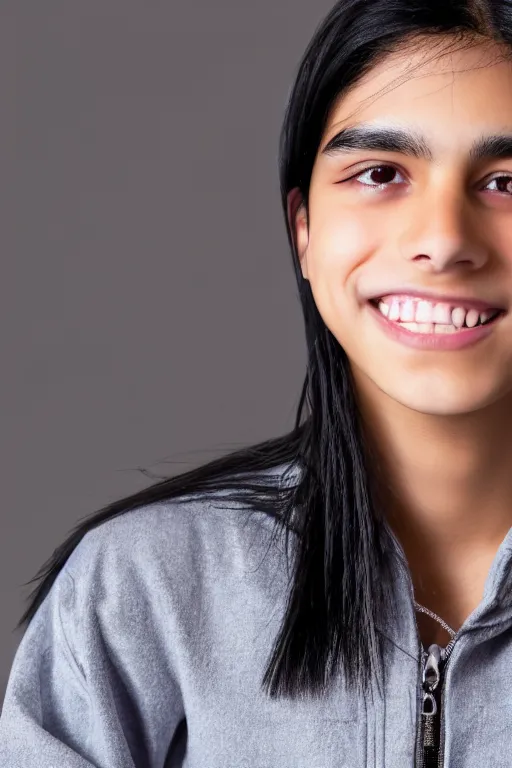 Image similar to close up headshot of an androgynous Hispanic teen with medium length slightly wavy black hair a wide smile brown eyes a small nose tidy plucked eyebrows dark brown eyes and a diamond shaped face, high resolution film still, 8k, gazing dark brown eyes, HDR color