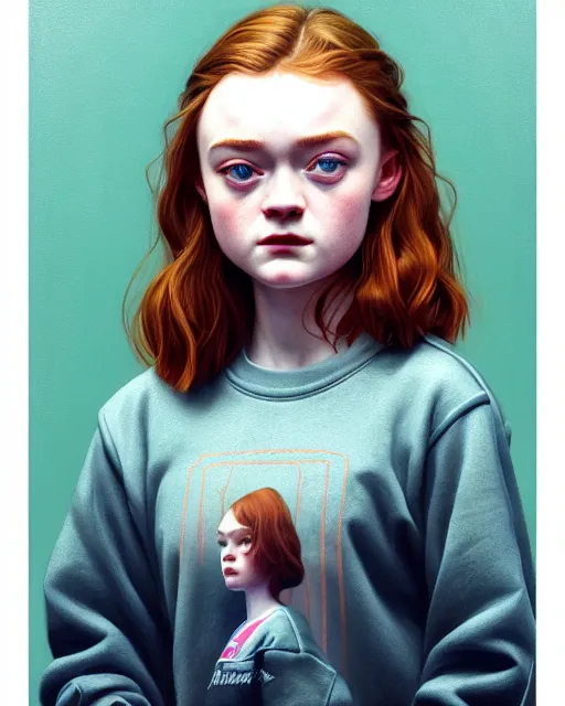Image similar to stylized portrait of an artistic pose, composition, sadie sink wearing an 8 0's sweatshirt, realistic shaded, fine details, realistic shaded lighting poster by ilya kuvshinov, magali villeneuve, artgerm, jeremy lipkin and michael garmash and rob rey