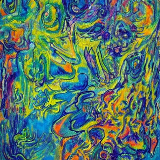 Image similar to sharpen trippy acid lakes, beautiful painting by Affandi