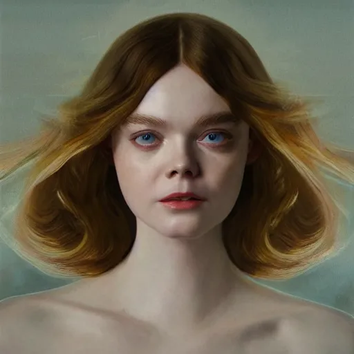 Prompt: Elle Fanning transcending into cyberspace in the style of Paola Vetri, head and shoulders portrait, stormy weather, extremely detailed masterpiece, oil on canvas, low-key neon lighting, artstation, Blade Runner 2049, Roger Deakin’s cinematography, by J. C. Leyendecker and Peter Paul Rubens and Edward Hopper and Michael Sowa,