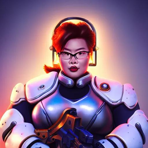 Image similar to a screenshot of arnold schwarzenegger as mei shooting frost gun in overwatch, portrait, fantasy, beautiful face, vivid colors, elegant, concept art, sharp focus, digital art, hyper - realistic, 4 k, unreal engine, highly detailed, hd, dramatic lighting by brom, trending on artstation