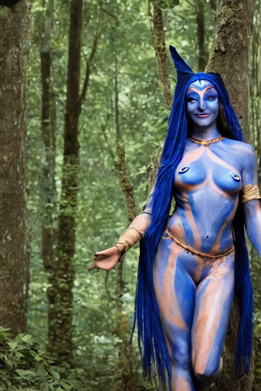 Prompt: a french woman dressed as a blue-skinned female navi from avatar standing in a forest, blue body paint, high resolution film still, 8k, HDR colors, cosplay, outdoor lighting, high resolution photograph, photo by bruce weber