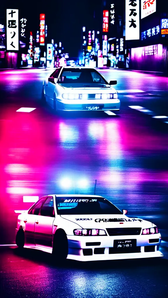 Prompt: a car drift spec JZX100 in middle of road, shibuya prefecture, city midnight neon lights, cinematic color, photorealistic, highly detailed