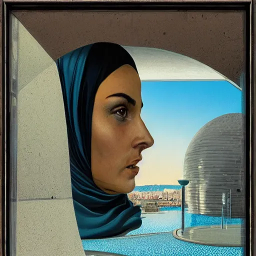 Prompt: detailed face of an arabic woman, travertine and stainless steel courtyard, terrazzo, tectonic sky, skydome, reactor, utopian, tech noir, wet reflections, prism, atmospheric, ambient, pj crook, syd mead, livia prima, artgerm, greg rutkowski, nick alm, casey baugh