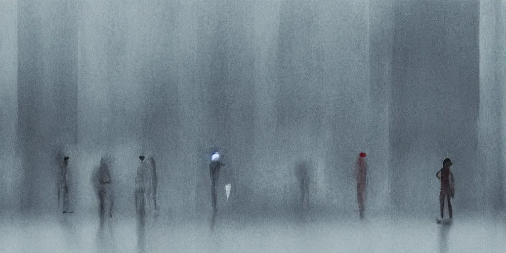 Prompt: long exposure minimalist drawing of impoverished migrants gazing out through a large skyscraper window covered in blood behind severe weather storms, hong kong, detailed ambient lighting, hyper realistic, vibrant colors, cinematic, pop art style, digital art painting by neil blevins, cinematic, 3 5 mm grain filter, artstation