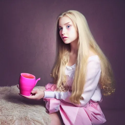 Prompt: russian girl with long blond hair sitting at a pink keyboard holding a cup of tea, beautiful, cinematic dramatic atmosphere