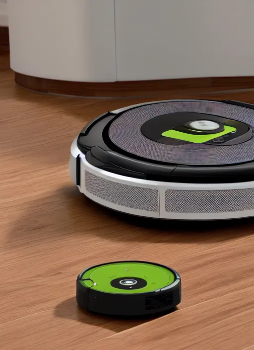 Image similar to A robot roomba standing on its own mechanical limbs, professional 3D render, studio quality, octane render