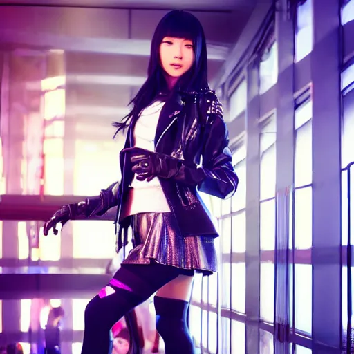 Image similar to a dynamic, epic cinematic 8K HD movie shot of a japanese beautiful cute young J-Pop idol actress yakuza rock star girl wearing leather jacket, miniskirt, nylon tights, high heels boots, gloves and jewelry. Motion, VFX, Inspirational arthouse, at Behance, with Instagram filters