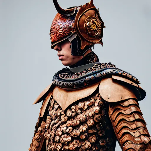Prompt: a portrait of a beautiful young male wearing an alexander mcqueen armor made of clay , photographed by andrew thomas huang, artistic