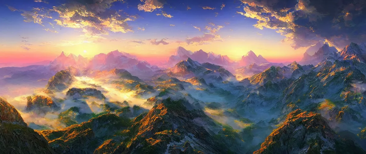 Prompt: dreaming of an incredibly beautiful aerial view of the alps mountains at sunset, photorealistic breathtaking, vivid colors, hills, ocean, cliffs, fog, trending on artstation, wlop, cgsociety by frederic church, gediminas pranckevicius, trending on cgsociety, fractal thunder dan mumford