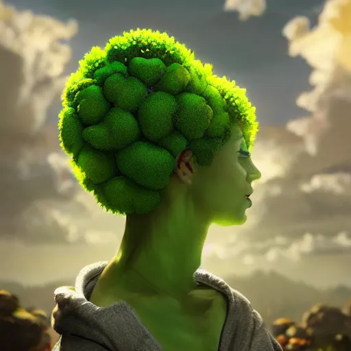 Image similar to A striking epic hyper real comic book style portait painting of a cute happy broccoli, heart shapes in the sky, D&D Concept Art, unreal 5, DAZ, Apex legends concept art, hyperrealistic, octane render, cosplay, RPG portrait, dynamic lighting