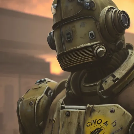 Image similar to Michael Scott in a fallout power armor, fallout4, rtx, raytracing, unreal engine, hyper realistic, sun rays