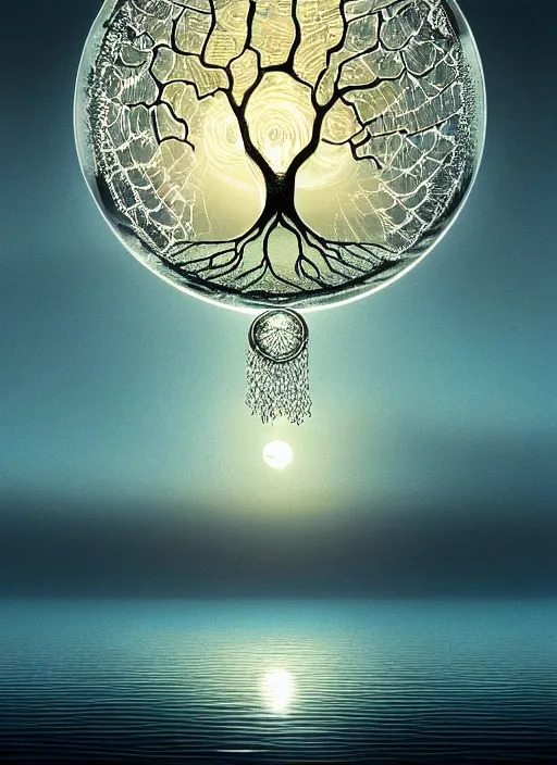 Prompt: transparent horizontally centered crystal ball floating over a serene lake, tree of life inside the ball, intricate details, radiant light, reflections on the water, ripples, moody sky, hyperdetailed illustration by yuumei, by mark brooks, john harris, artstation, low global light, coherent composition