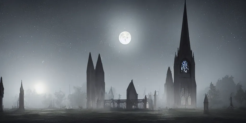 Image similar to Behind the tall and delicate gothic church at night, a huge delicate metal astrolabe in the moonlight, with ghosts floating in the foreground, light through the mist, dramatic lighting, photorealistic, cinematic lighting, high detail, cinematic feel, high octane, 4K, Unreal Engine, digital render, intricate, ultra realistic
