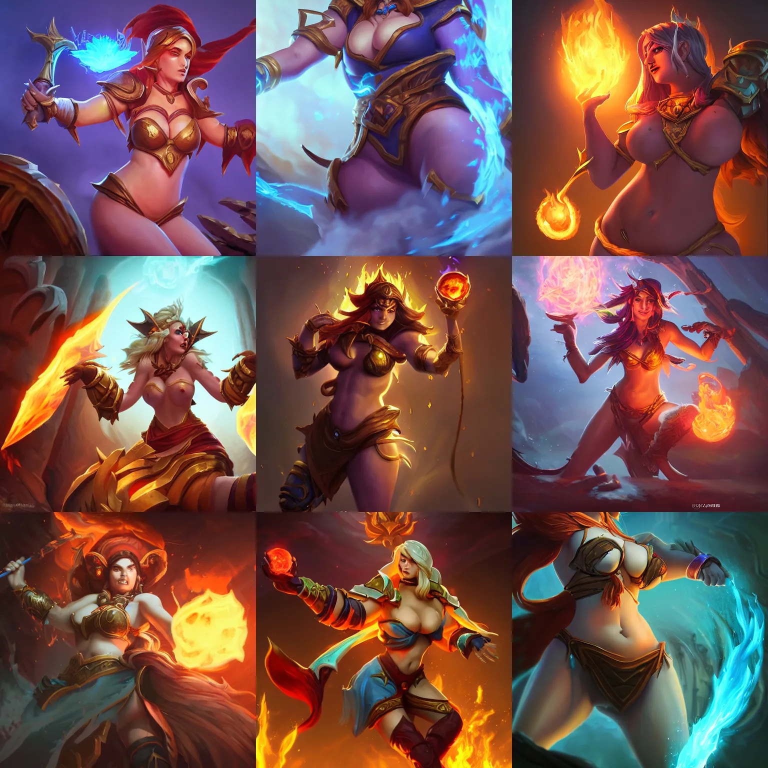Prompt: The sorceress casting a fire ball, league of legends, strong fat bacchanalian body, highly detailed, digital painting, artstation, concept art, smooth, sharp focus, illustration, ArtStation, art by Hearthstone Hearthstone
