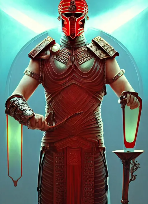 Prompt: the pale blond male praetorian centurion lucius smirking, sci fi, glowing eyes, volumetric lights, red and cyan theme, art nouveau botanicals, intricate, highly detailed, digital painting, artstation, concept art, smooth, sharp focus, cinematic, illustration, beautiful face, art by artgerm and greg rutkowski and alphonse mucha