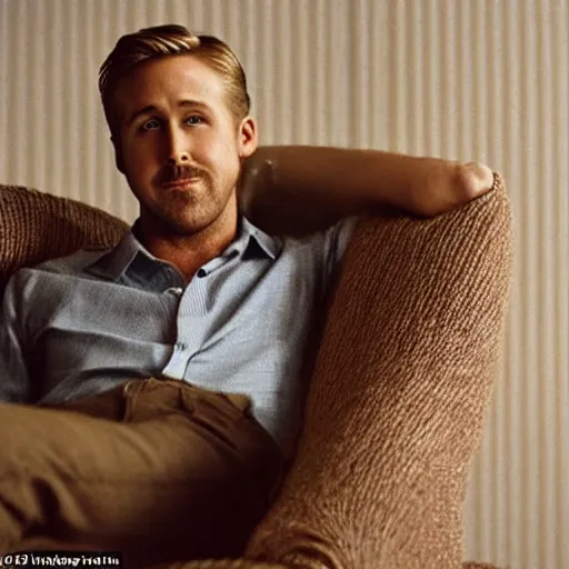 Image similar to ryan gosling but he is knitted from yarn sits on a chair, lethal preservation, proportions, quality, realism, focus in the foreground,