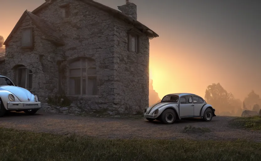 Image similar to a vw beetle parked near a small medieval stone house at sunrise, concept art, octane render, unreal engine 5, trending on artstation, high quality, 8 k, soft lighting, path traced, hyperrealistic, highly detailed, digital art, symmetrical, cinematic, high coherence, godrays