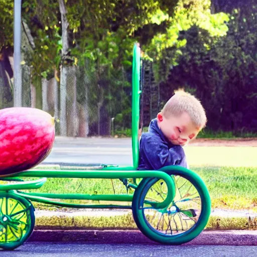 Image similar to a tricycle carrying watermelon, the boy fell asleep in the car, summer