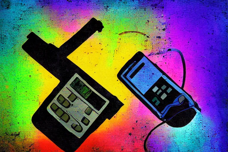 Prompt: gas powered cell phone, digital art, high contrast, colorful