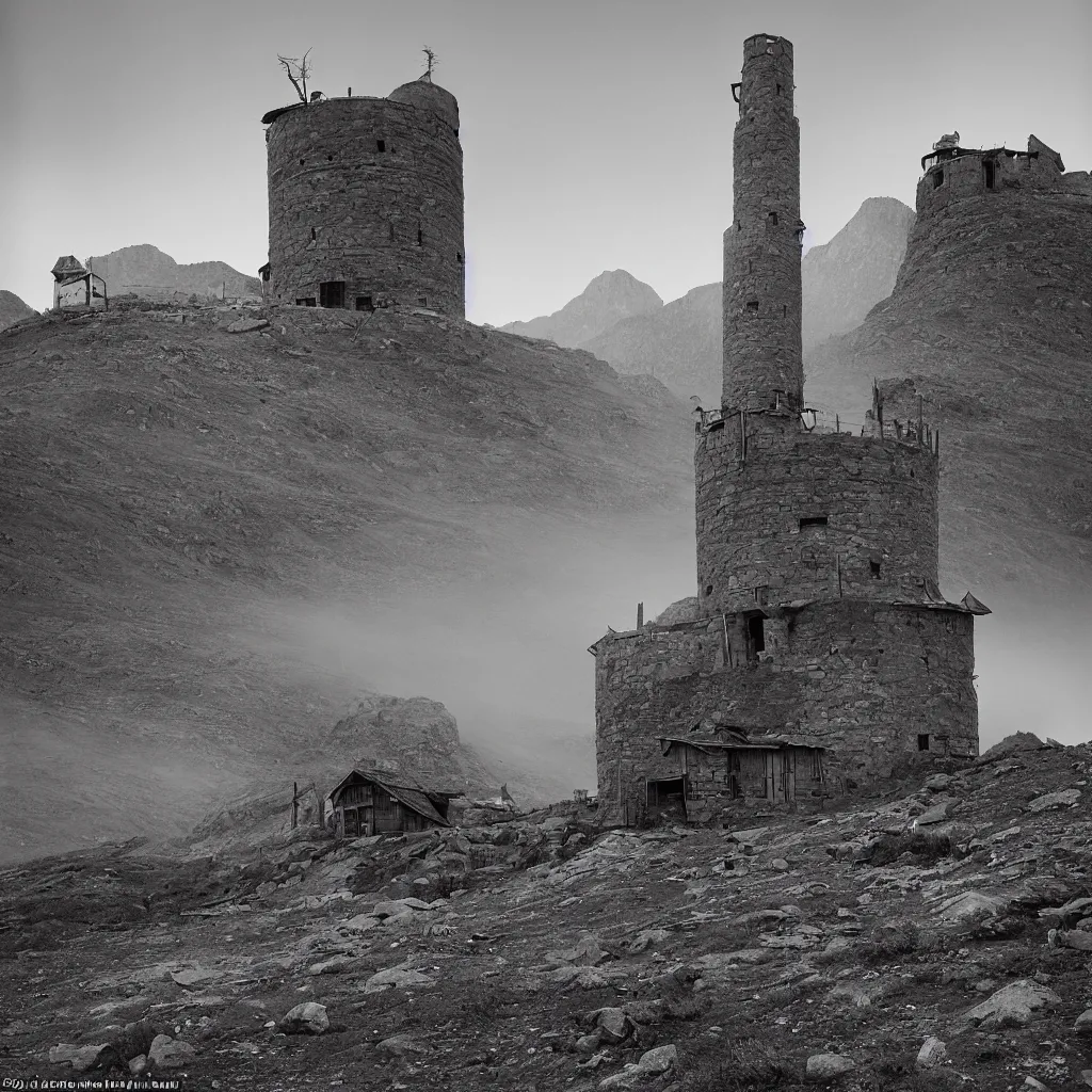 Image similar to one round tower, made up of makeshift squatter shacks in a vast mountain landscape, misty, dystopia, mamiya rb 6 7, fully frontal view, very detailed, photographed by ansel adams