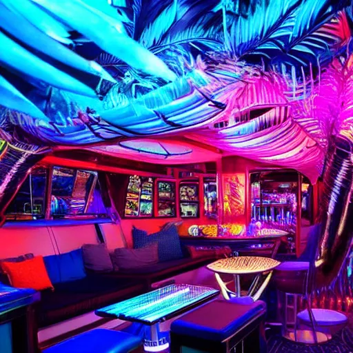 Image similar to architectural digest photo, inside dark and moody crowded futuristic neon tiki bar inside a yacht, many large tropical plants, open dance floor and dj booth, blue lighting with small pastel orange and pink accent lights, crowd of cool people dancing