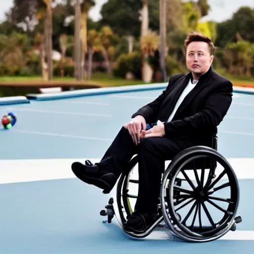 Image similar to elon musk in a wheelchair playing billiard