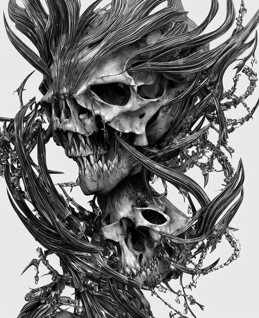 Image similar to close-up macro portrait of the face of a beautiful princess with animal skull mask, epic angle and pose, ribcage bones symmetrical artwork, 3d with depth of field, blurred background, cybernetic jellyfish female face skull phoenix bird, translucent, nautilus, energy flows of water and fire. a highly detailed epic cinematic concept art CG render. made in Maya, Blender and Photoshop, octane render, excellent composition, cinematic dystopian brutalist atmosphere, dynamic dramatic cinematic lighting, aesthetic, very inspirational, arthouse. y Greg Rutkowski, Ilya Kuvshinov, WLOP, Stanley Artgerm Lau, Ruan Jia and Fenghua Zhong