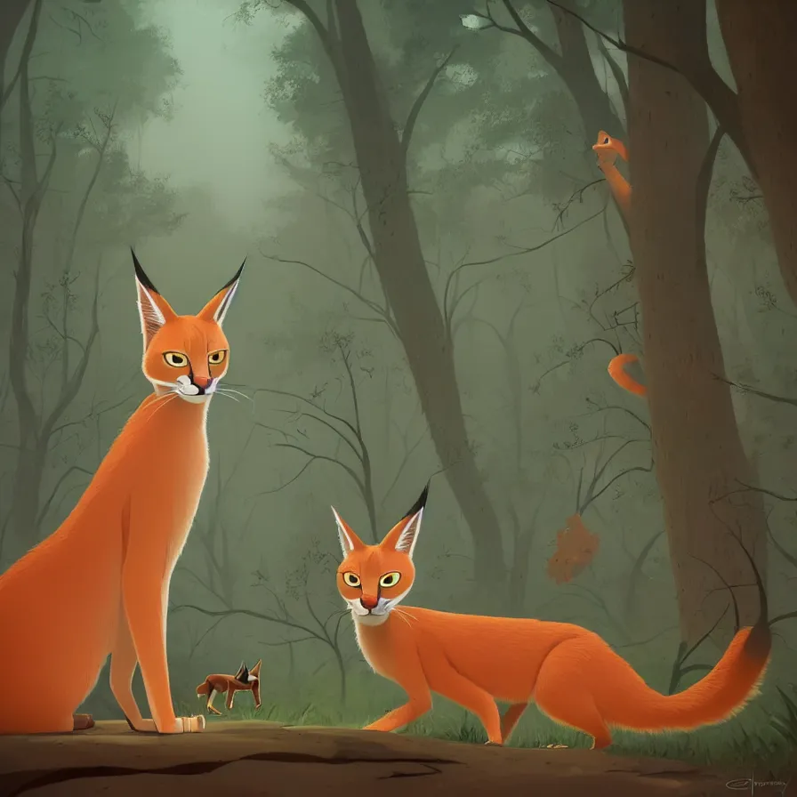 Image similar to Goro Fujita illustrating photo of a cate caracal in the woods, by Goro Fujita, ilustration, concept art, sharp focus, highly detailed, ArtStation