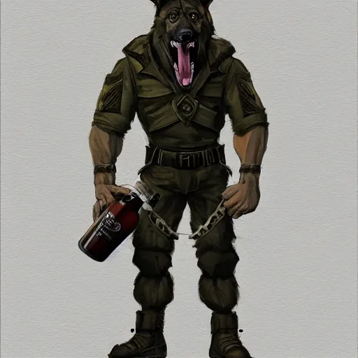 Image similar to a humanoid german shepherd beast - man in military style, holding a bottle of beer, artstation, concept art, smooth, sharp foccus ilustration, artstation