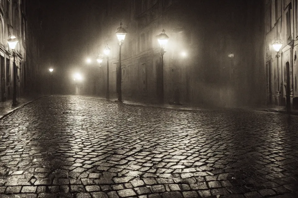 Prompt: wet plate, empty night along cobblestone street in vienna, night time, alone, lamplight, victorian era, depth of field, very detailed, fog, highly accurate, intricate